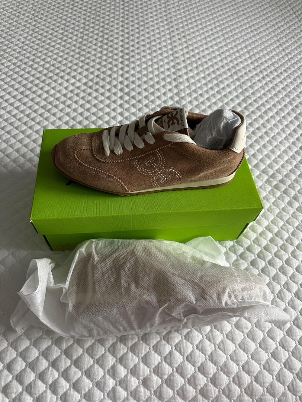 San Edelman Tan Suede Low-Profile Sneaker with Cream